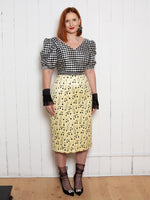 Black and White Checked Dress with Pale Yellow Skirt